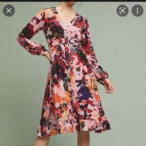 Maeve Anthropologie Printed Silk Button Front Dress 8 Petite pink